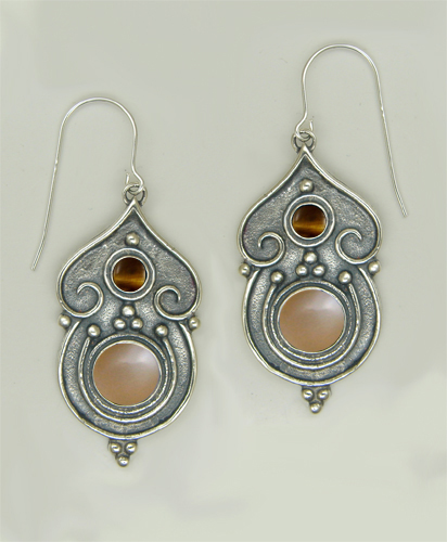 Sterling Silver Gothic Inspired Drop Dangle Earrings With Peach Moonstone And Tiger Eye